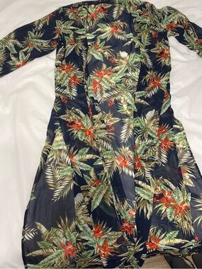 Fashion Nova Navy Tropical Sheer Kimono with Green & Red Print